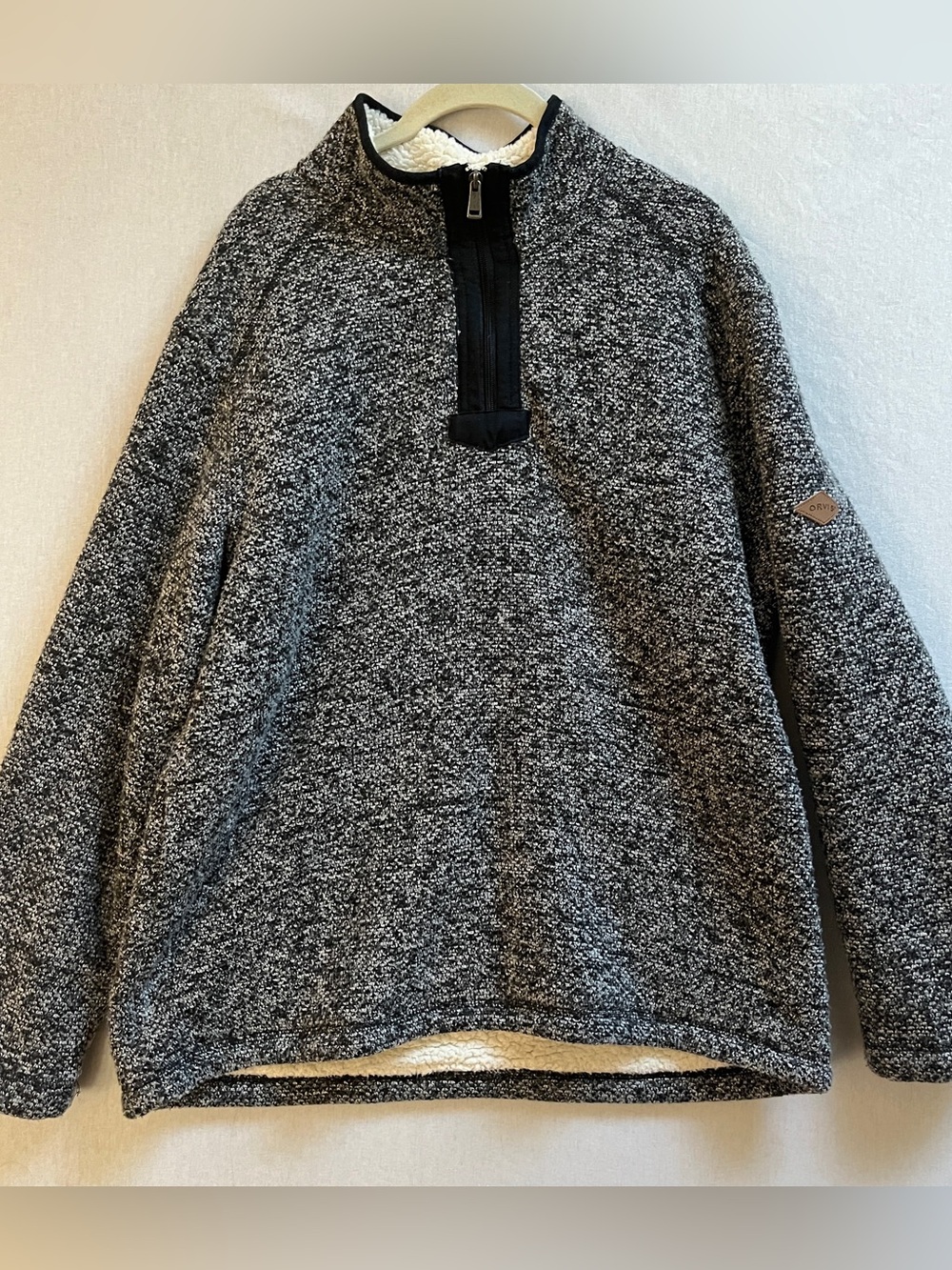 Orvis Mens Large Grey Knit Sherpa Lined Quarter Zip Sweater